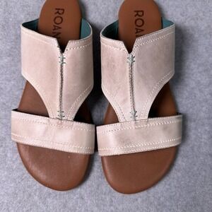 Roan Womens Leather Slide Sandals Flat Open‎ Toe Beige Tan Stitch Detail